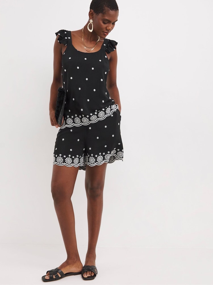 JD Williams Black Broderie Hem Shorts - Image 1 of 4