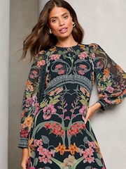 Lipsy Black Floral Printed Woven Long Sleeve Underbust Midi Dress - Image 2 of 4