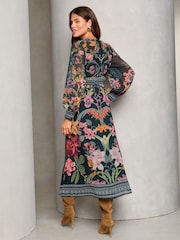 Lipsy Black Floral Printed Woven Long Sleeve Underbust Midi Dress - Image 3 of 4