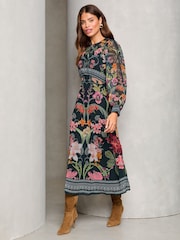 Lipsy Black Floral Printed Woven Long Sleeve Underbust Midi Dress - Image 4 of 4