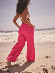 Rose vif - Pantalon large texturé à jambe large coordonné avec lin - Image 3 de 7