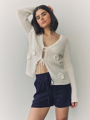 Navy Tie Waist Linen Blend Boy Shorts - Image 2 of 7