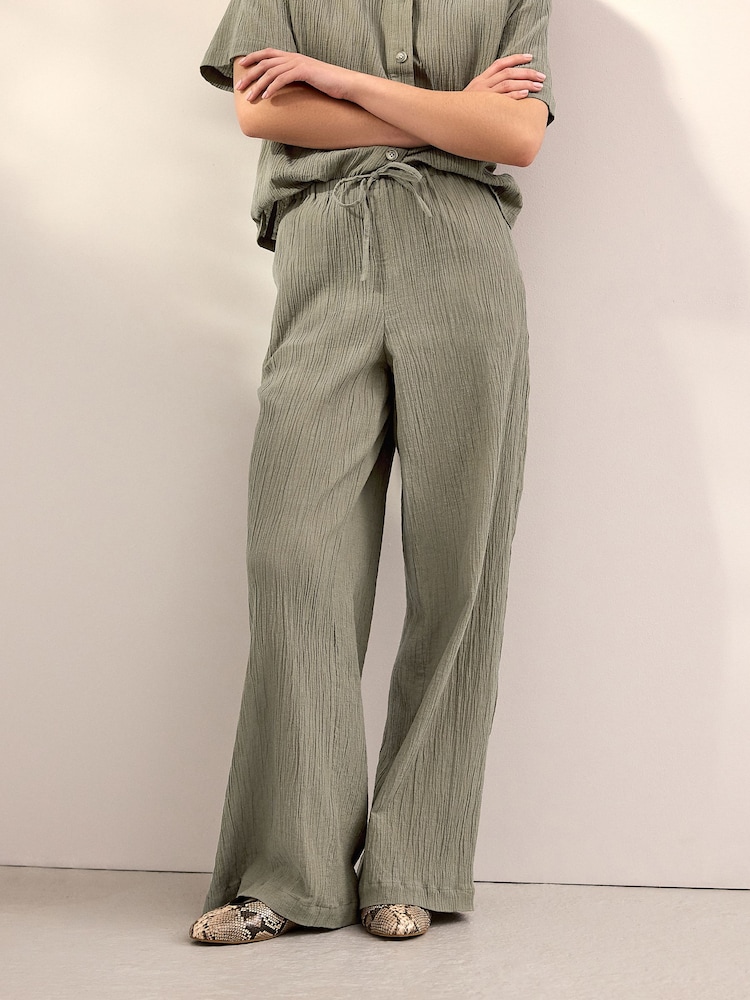 Vert kaki - Pantalon large texturé à jambe large coordonné avec lin - Image 2 of 8