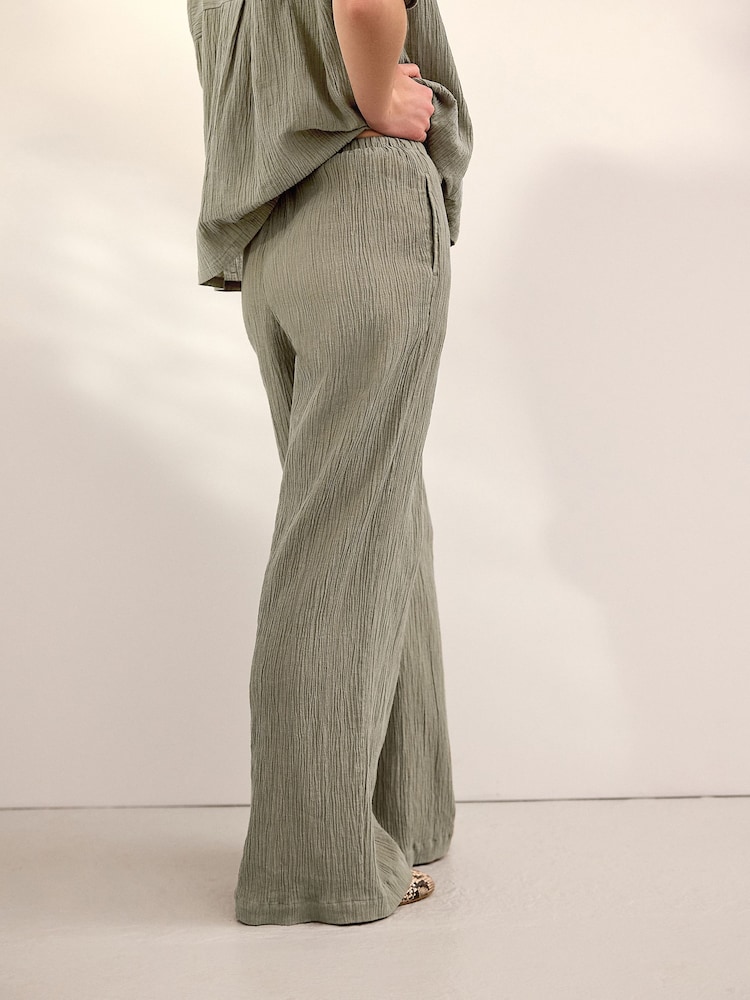 Vert kaki - Pantalon large texturé à jambe large coordonné avec lin - Image 3 of 8