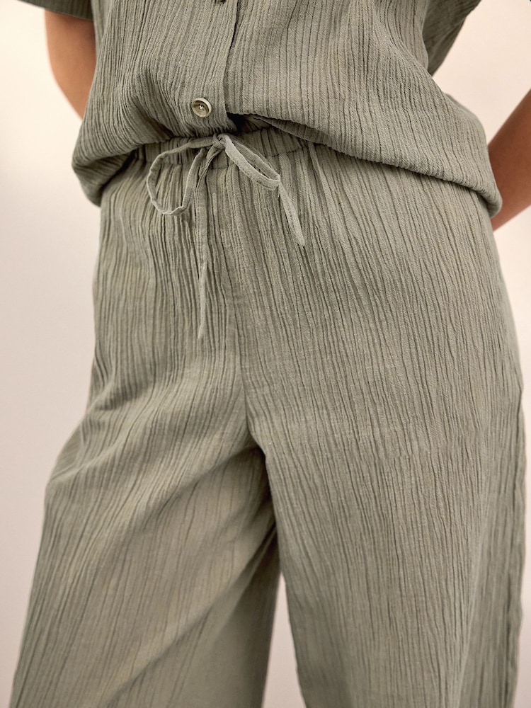Vert kaki - Pantalon large texturé à jambe large coordonné avec lin - Image 4 of 8