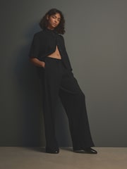 Noir - Pantalon large texturé à jambe large coordonné avec lin - Image 2 of 8