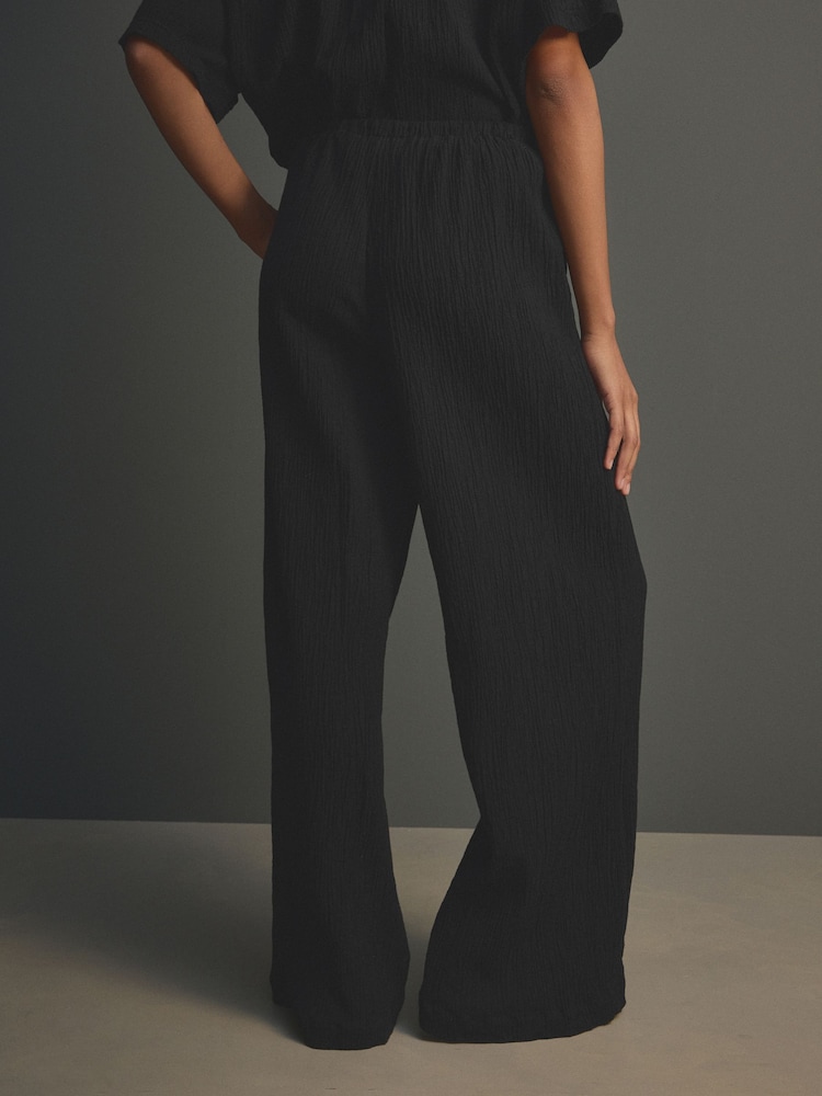 Noir - Pantalon large texturé à jambe large coordonné avec lin - Image 4 of 8