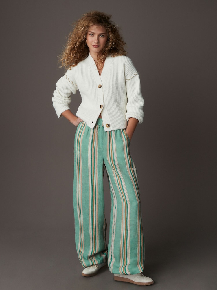 Rayas verdes - Pantalones de pernera ancha de lino 100% de N. Premium - Imagen 1 de 8