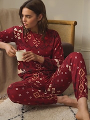Burgundy Red Fairisle Pattern Christmas Cosy Long Sleeve Pyjamas - Image 1 of 11