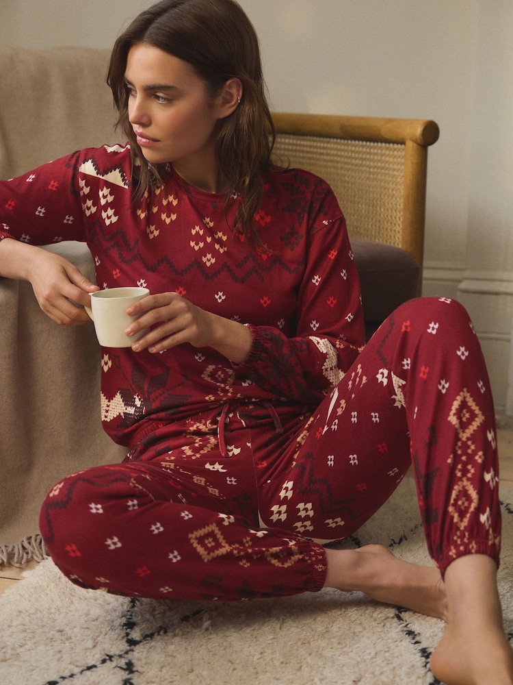Burgundy Red Fairisle Pattern Christmas Cosy Long Sleeve Pyjamas - Image 1 of 11