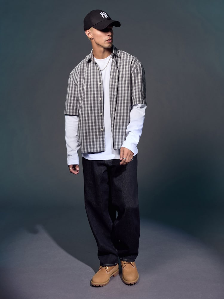 Grey EDIT Boxy Short Sleeve Check 100% Cotton Shirt - Image 1 of 8