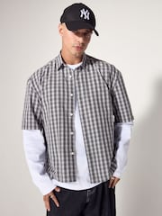 Grey EDIT Boxy Short Sleeve Check 100% Cotton Shirt - Image 2 of 8