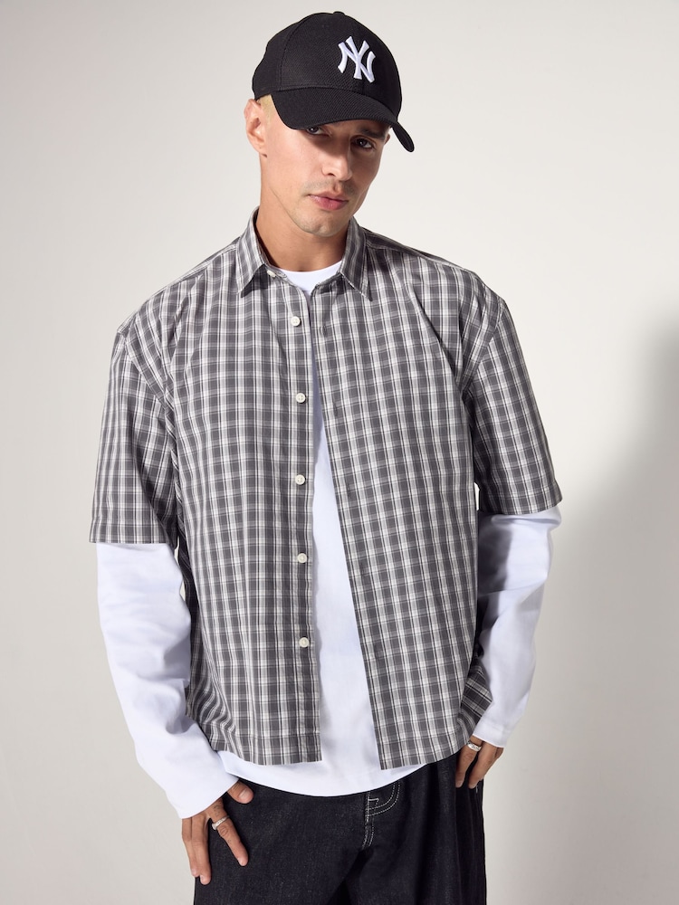 Grey EDIT Boxy Short Sleeve Check 100% Cotton Shirt - Image 2 of 8
