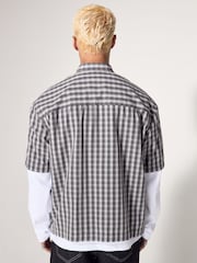Grey EDIT Boxy Short Sleeve Check 100% Cotton Shirt - Image 4 of 8