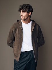 Brown Regular Fit Knit Zip Up Hoodie with Wool - Image 1 of 8