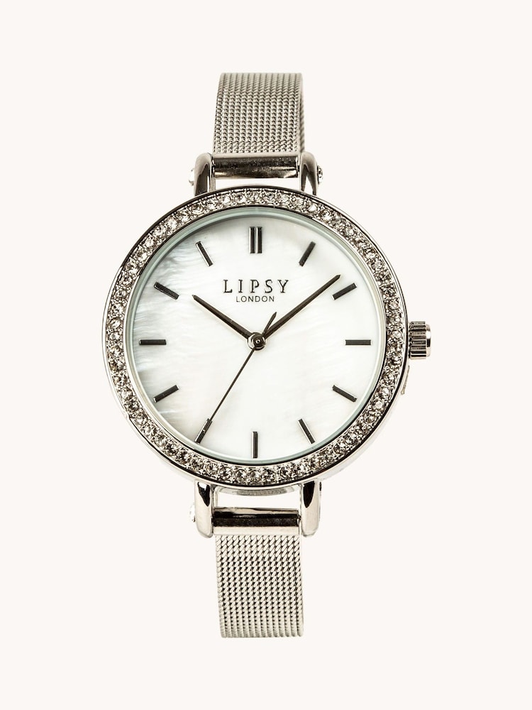 Lipsy Silver Mesh Strap Diamante Watch - Image 1 of 2