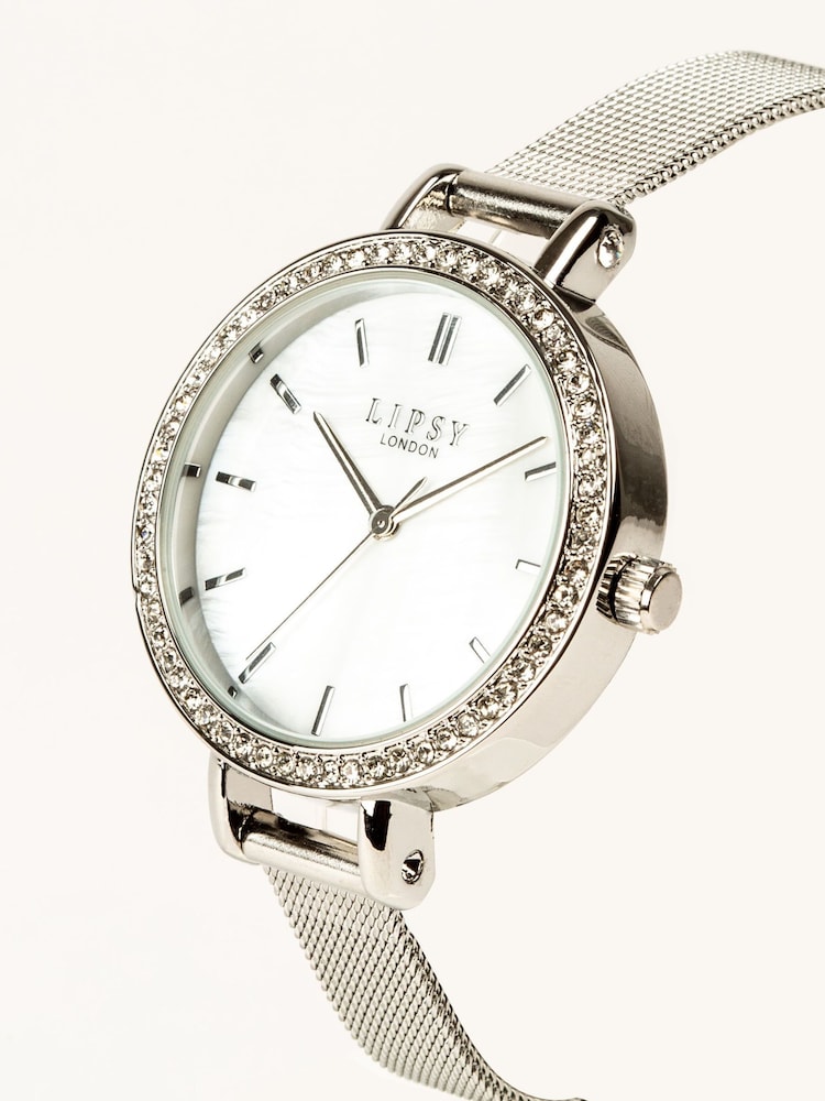 Lipsy Silver Mesh Strap Diamante Watch - Image 2 of 2