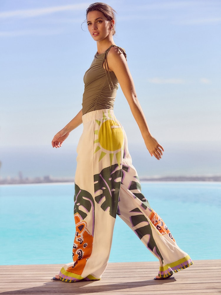 White Wide Leg Elastic Waist Trousers with Linen - Image 1 of 5
