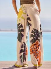 White Wide Leg Elastic Waist Trousers with Linen - Image 4 of 5