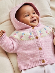 JoJo Maman Bébé Pink Peter Rabbit Fairisle Pattern Cosy Hooded Baby Cardigan - Image 1 of 5