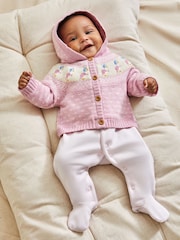 JoJo Maman Bébé Pink Peter Rabbit Fairisle Pattern Cosy Hooded Baby Cardigan - Image 2 of 5