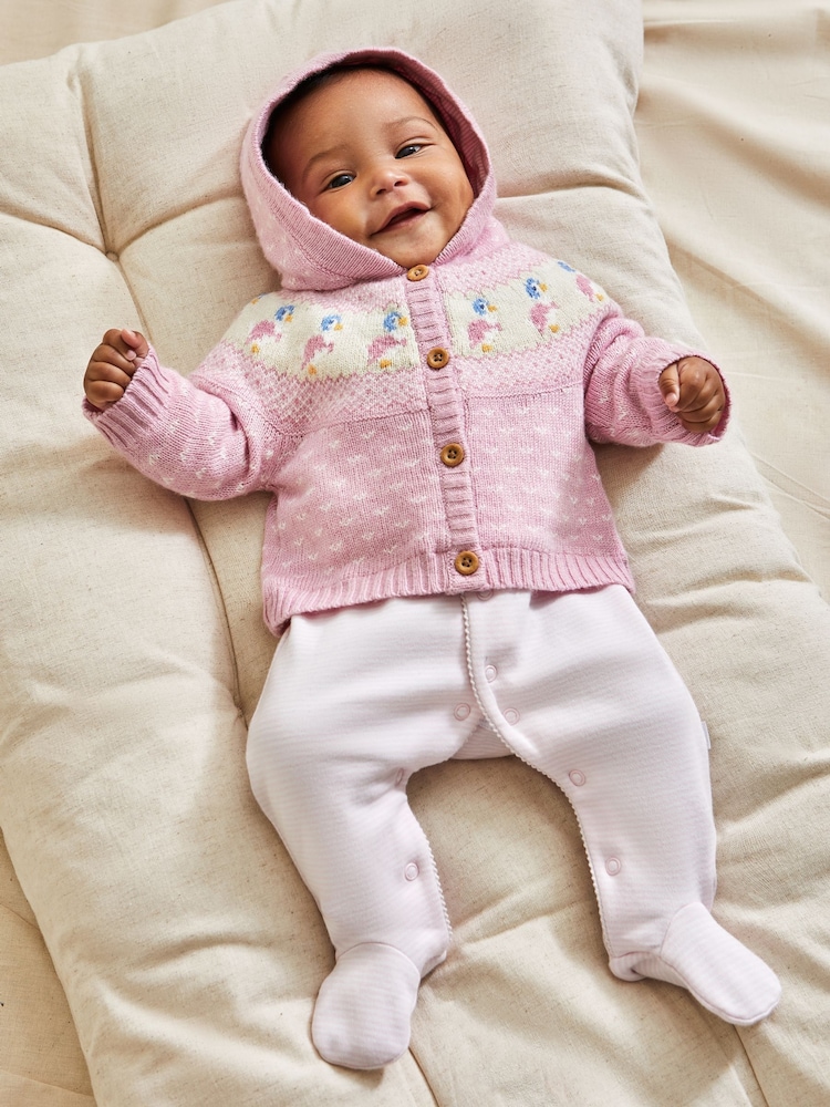JoJo Maman Bébé Pink Peter Rabbit Fairisle Pattern Cosy Hooded Baby Cardigan - Image 2 of 5