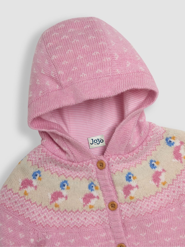 JoJo Maman Bébé Pink Peter Rabbit Fairisle Pattern Cosy Hooded Baby Cardigan - Image 5 of 5