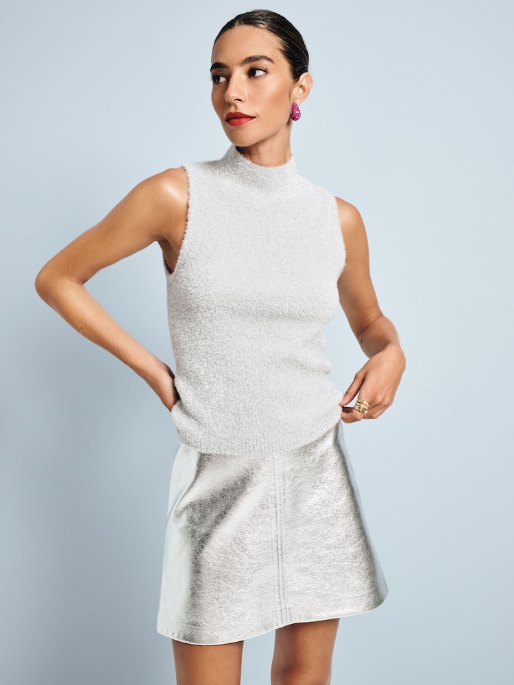 Silver Sparkle Tinsel Sleeveless Knitted Tank Vest Top - Image 1 of 7