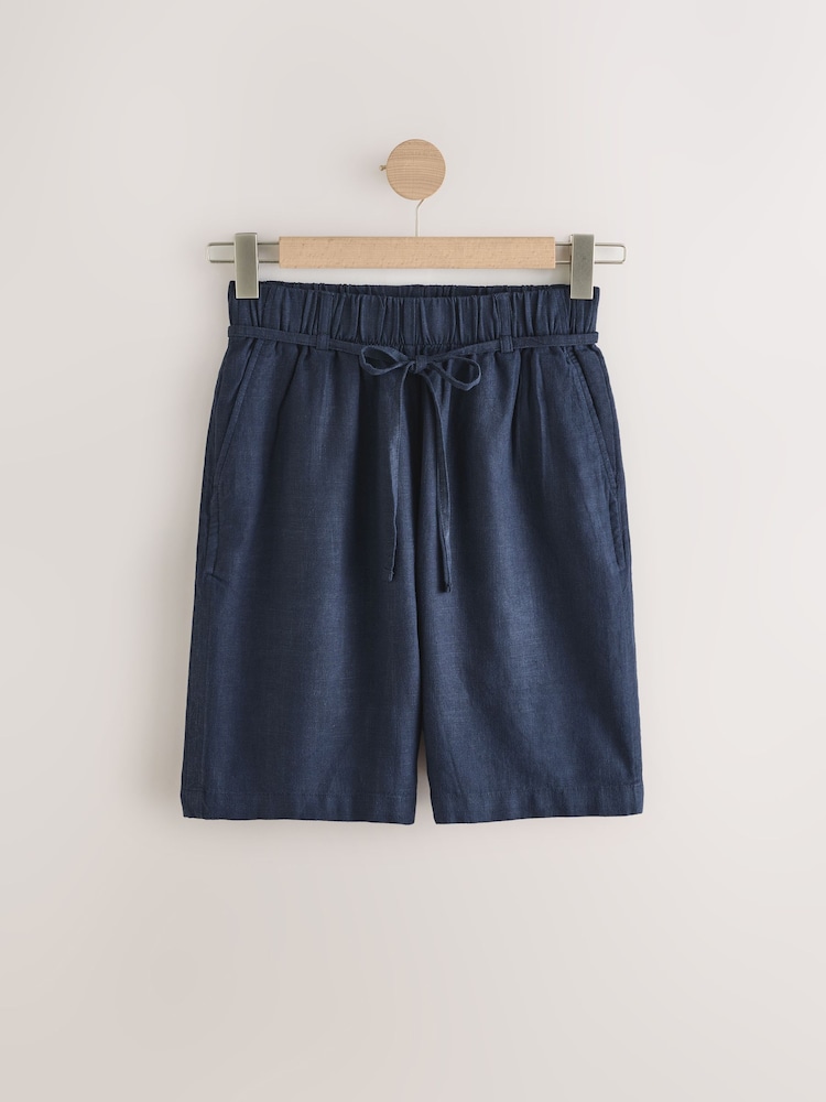 Navy Tie Waist Linen Blend Bermuda Knee Shorts - Image 1 of 3