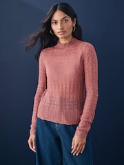 Blush Pink Pointelle Lace High Neck Knitted Jumper with Wool - Image 1 of 8