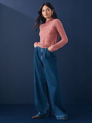 Blush Pink Pointelle Lace High Neck Knitted Jumper with Wool - Image 2 of 8