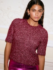 Pink Sparkle Tinsel Short Sleeve Knitted T-Shirt Jumper - Image 1 of 8