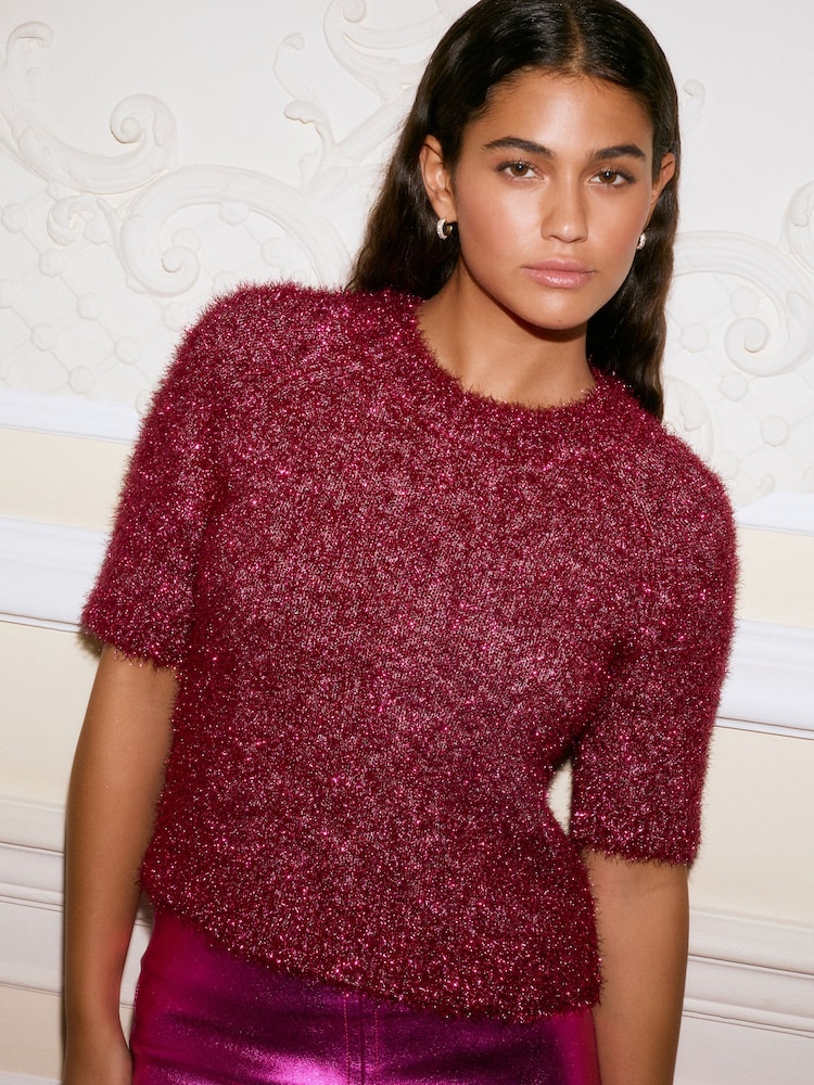 Pink Sparkle Tinsel Short Sleeve Knitted T-Shirt Jumper - Image 1 of 8