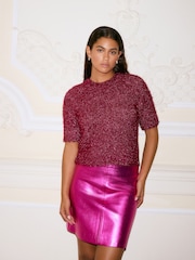Pink Sparkle Tinsel Short Sleeve Knitted T-Shirt Jumper - Image 3 of 8