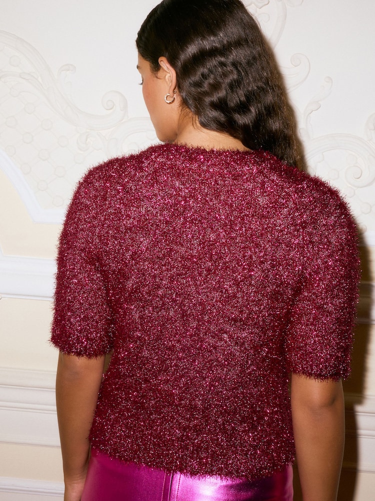 Pink Sparkle Tinsel Short Sleeve Knitted T-Shirt Jumper - Image 4 of 8