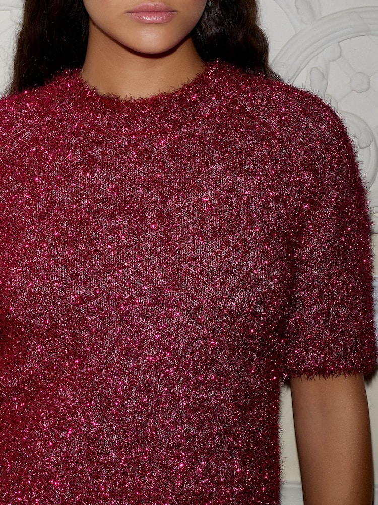 Pink Sparkle Tinsel Short Sleeve Knitted T-Shirt Jumper - Image 5 of 8