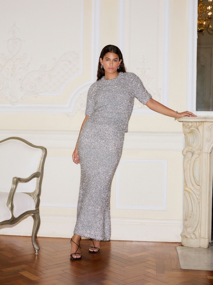 Silver Sparkle Tinsel Short Sleeve Knitted T-Shirt Jumper - Image 1 of 9
