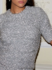 Silver Sparkle Tinsel Short Sleeve Knitted T-Shirt Jumper - Image 5 of 9