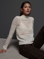 White Ecru Pointelle Lace High Neck Knitted Jumper with Wool - Image 1 of 7