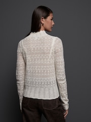 White Ecru Pointelle Lace High Neck Knitted Jumper with Wool - Image 3 of 7