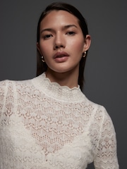 White Ecru Pointelle Lace High Neck Knitted Jumper with Wool - Image 4 of 7