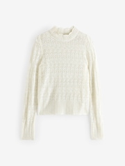 White Ecru Pointelle Lace High Neck Knitted Jumper with Wool - Image 5 of 7