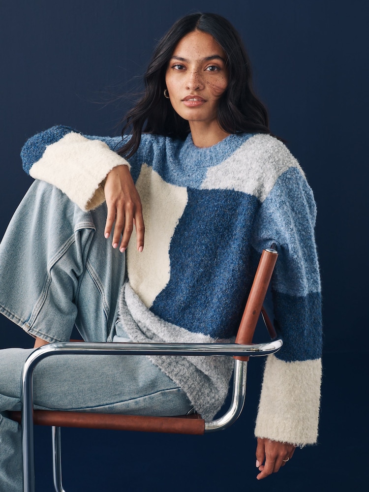 Blue Boucle Knitted Crew Neck Jumper - Image 1 of 8