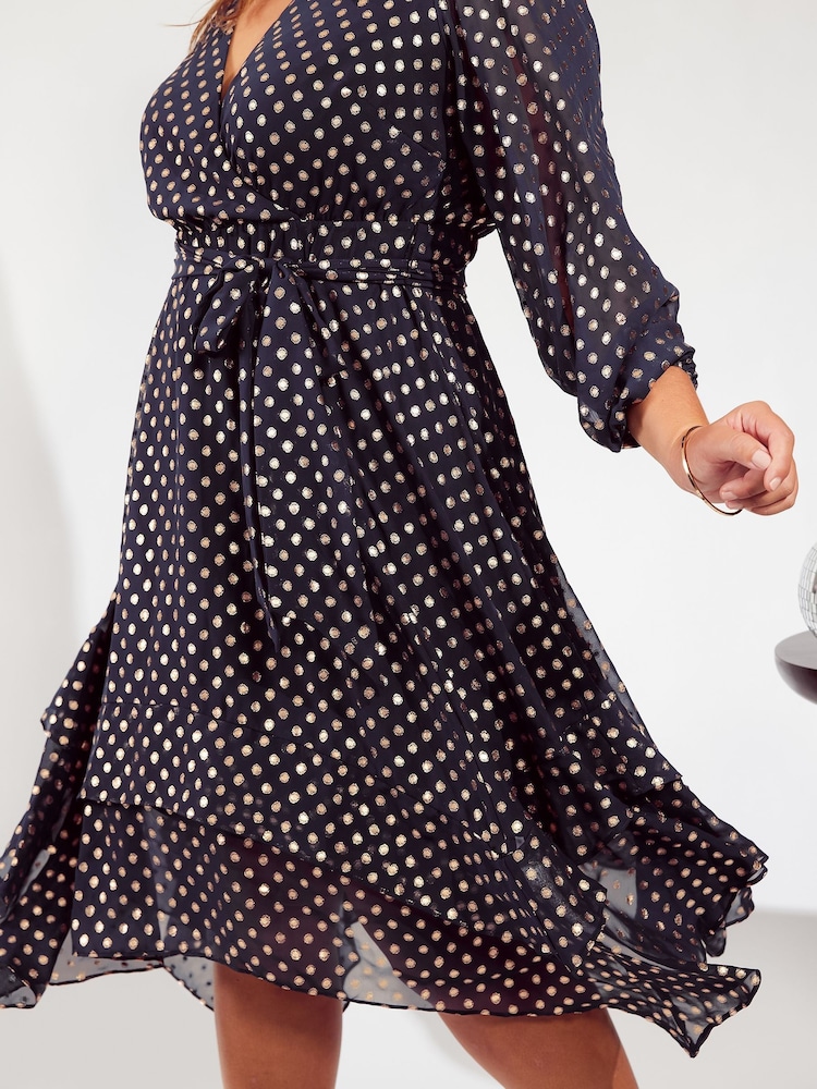 Friends Like These Navy Blue Curve Printed Wrap Midi Dress - Image 2 of 4 Friends Like These Navy Blue Curve Printed Wrap Midi Dress - Image 2 of 4