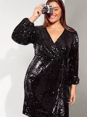 Friends Like These Black Curve Sequin Wrap Mini Dress - Image 1 of 4