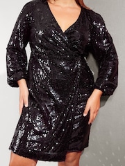 Friends Like These Black Curve Sequin Wrap Mini Dress - Image 2 of 4