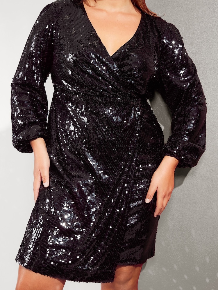 Friends Like These Black Curve Sequin Wrap Mini Dress - Image 2 of 4