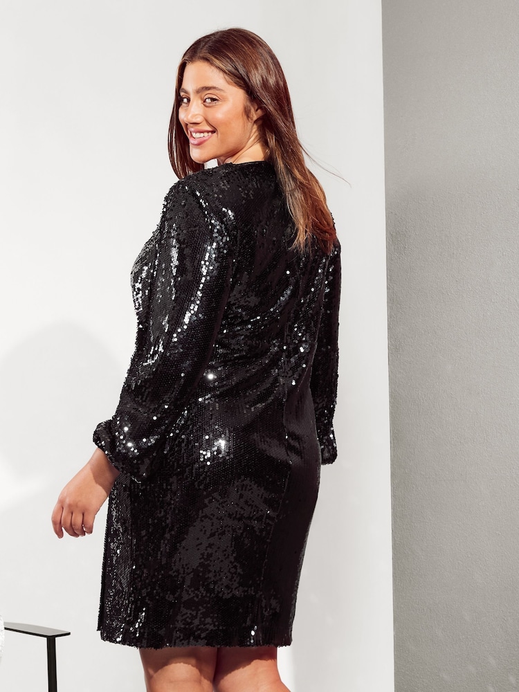 Friends Like These Black Curve Sequin Wrap Mini Dress - Image 4 of 4