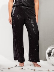 Friends Like These Black Curve Sequin Wide Leg Trousers - Image 1 of 4