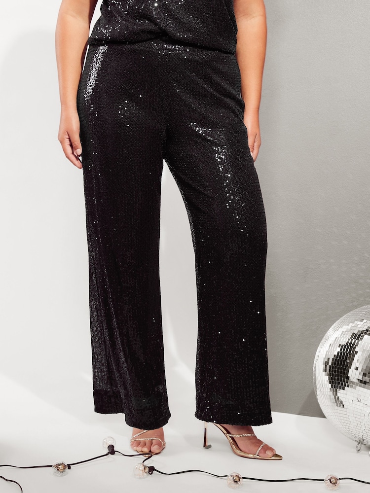 Friends Like These Black Curve Sequin Wide Leg Trousers - Image 1 of 4